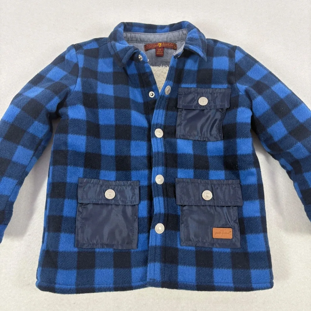 7‎ For All Mankind Kids Blue Buffalo Plaid Sherpa Lined Fleece Shirt Jacket 2T